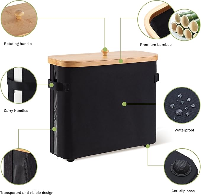 Bathroom Toilet Paper Storage Basket with Lid and Handle， Bamboo Collapsible Toilet Paper Holder Storage with Non-Slip Bottom ,Extra Toilet Roll Storage, Black