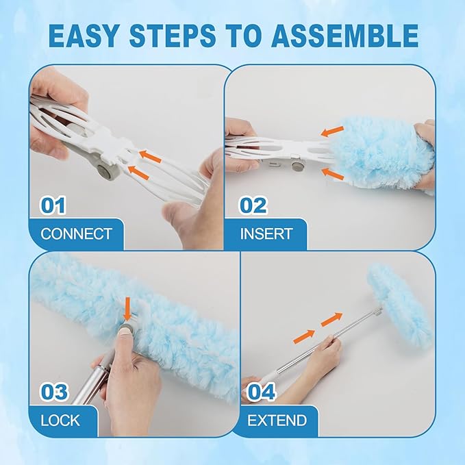 50Pcs Duster Refill Compatible with Swiffer Hand Duster +4FT Extended Handle +1 Handle, 360° Heavy Duty Duster Refills Kit for Cleaning, Office, Ceiling Fan, Baseboard & Blind