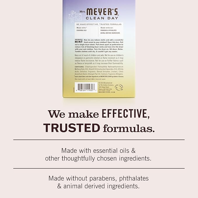 MRS. MEYER'S CLEAN DAY Dryer Sheets, Fabric Softener, Reduces Static, Infused with Essential Oils, Compassion Flower, 80 Count