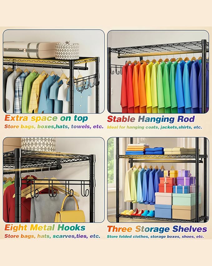 Heavy Duty Clothes Rack, Sturdy Carbon Steel Rolling Garment Rack with Lockable Wheels, Adjustable Shelves & Hooks, Free Standing Clothing Racks for Hanging Clothes, Closet System Max Load 655 LBS