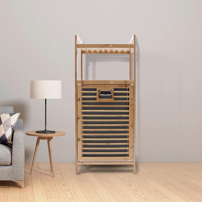 LOYALHEARTDY 37.4'' Tilt Out Laundry Hamper, 2-Tier Bamboo Laundry Hamper Cabinet Floor Stand Bathroom Storage Shelf Cabinet Clothes Organizer Laundry Shelf for Laundry Room Bathroom Bedroom