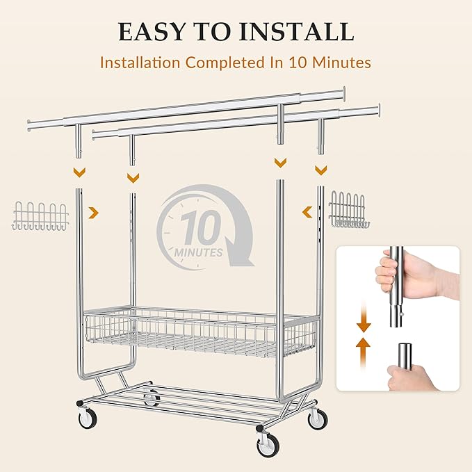 Gewudraw Heavy Duty Clothes Rack with Metal Basket, 1060 LBS Rolling Double Rod Garment Rack, Portable Extendable Clothing Rack with Wheel for Bedroom, Laundry Room & Retail Store