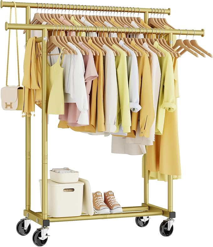 HYSEYY Double Rods Clothes Rack, Sturdy Rolling Clothing Rack, Portable Clothing Racks for Hanging Clothes - Metal Garment Rack Wardrobe Coat Rack for Bedroom Laundry Living Room, Gold