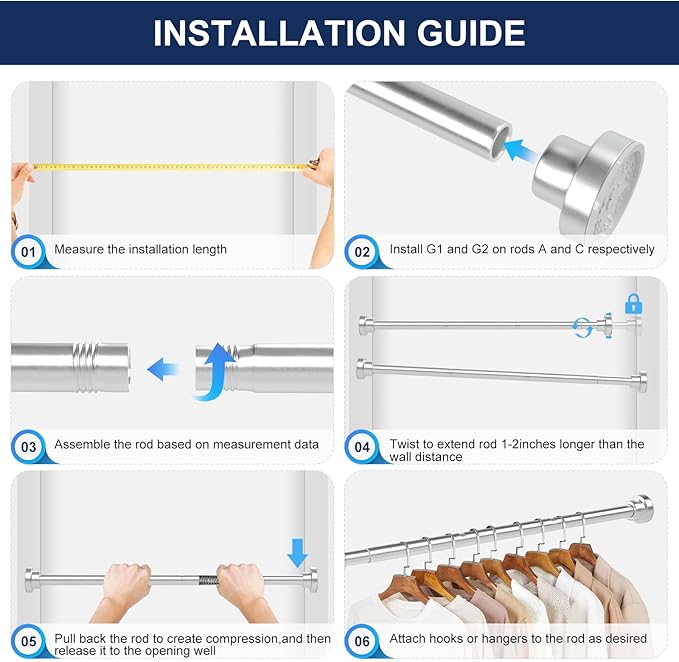 No Drilling Closet Rod, 27.5-63 Inches Hanging Closet Rod for Clothes, Closet Bar & Pole Heavy-duty, Closet Rods for Hanging Clothes For Closet Wardrobes Bathroom Laundry RV Curtains,Nickel