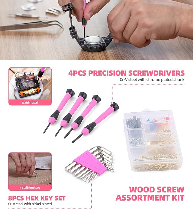 Pink Power-Screwdrivers Tool Set for Women,3.6V Power Screwdriver Cordless Rechargeable Tool Kit 143-Piece Electric Screwdriver Cordless Tool Set Pink 143PCS Tool Box