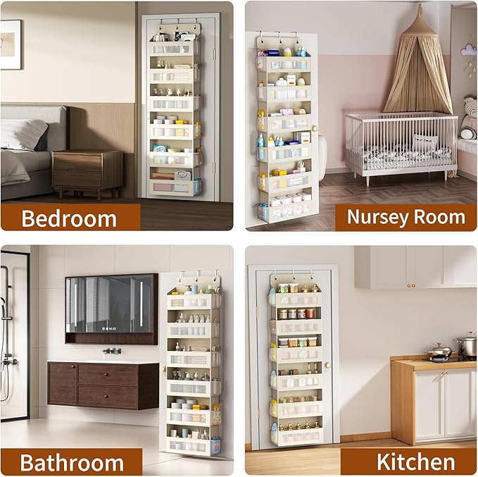 Over The Door Organizer with 6 Large Pockets, Over the Door Storage 12 Side Pockets, Hanging Door Organzier 44 lb Load Behind Door Storage Hanging Shelf for Closet Wall Bathroom Nursery, 6-Tier Beige