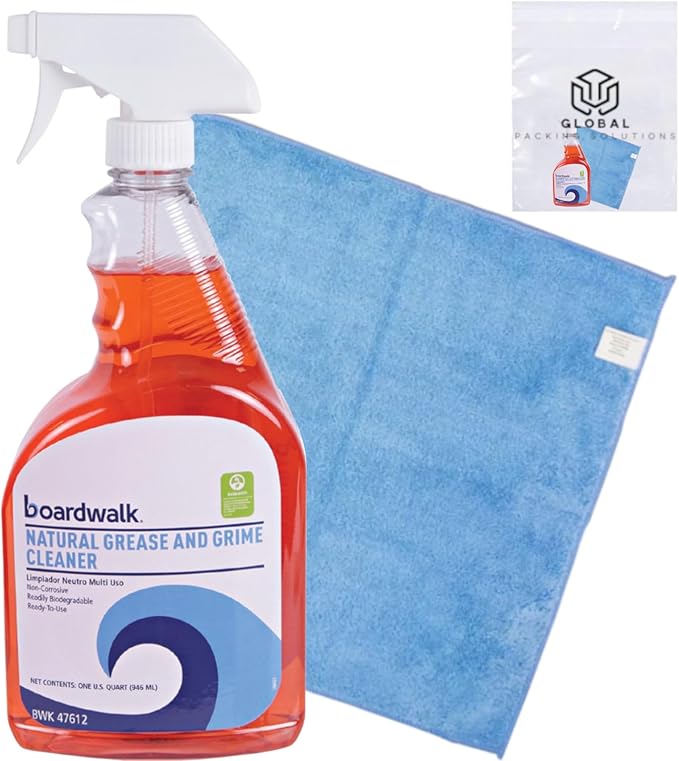 Boardwalk Non-toxic Formula Multi Surface Natural Grease and Grime Cleaner, Unscented, 32 Fl Oz, bundled with Micro Fiber Cloth