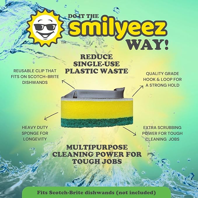 Smilyeez No-Plastic Heavy Duty Green Sponge Refill for Scotch-Brite's Dishwand Refill 10 Pack with Adapter…