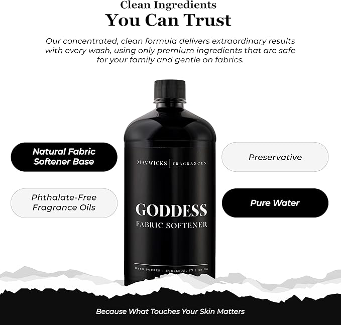 Mavwicks Fragrances - Luxury Scented Liquid Fabric Softener (Goddess) 32 Oz – Crafted with Clean Ingredients – Reduces Static, and Softens Clothes – Safe for All Fabrics and Skin