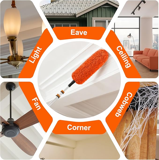 20FT Reach High Ceiling Duster Kit, Window Cleaning kit with 3-12FT Extension Pole, Fan Duster for Ceiling Fan Blades, Microfiber Feather Duster, Rotatable Window Squeegee and Cobweb Duster