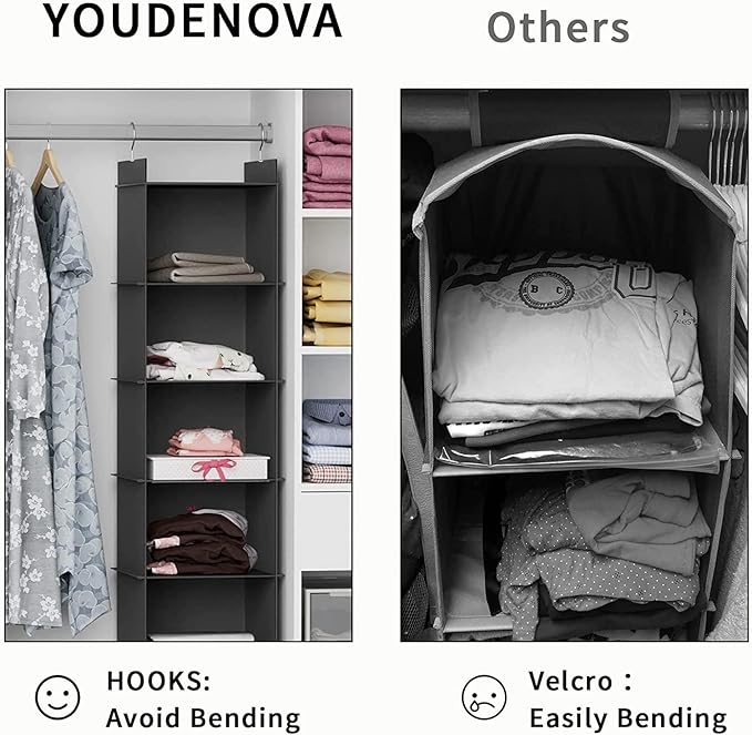 YOUDENOVA Hanging Closet Organizer, 6-Shelf Closet Hanging Storage Shelves, Black