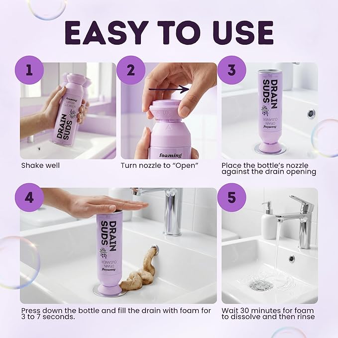Foaming Drain Cleaner, Sink Cleaner and Deodorizer, Drain Clog Remover for Kitchen Sinks, Bathrooms, Shower Drains, Tubs, Washbasin, Clogged Pipe Opener, Lavender, 2 Pack