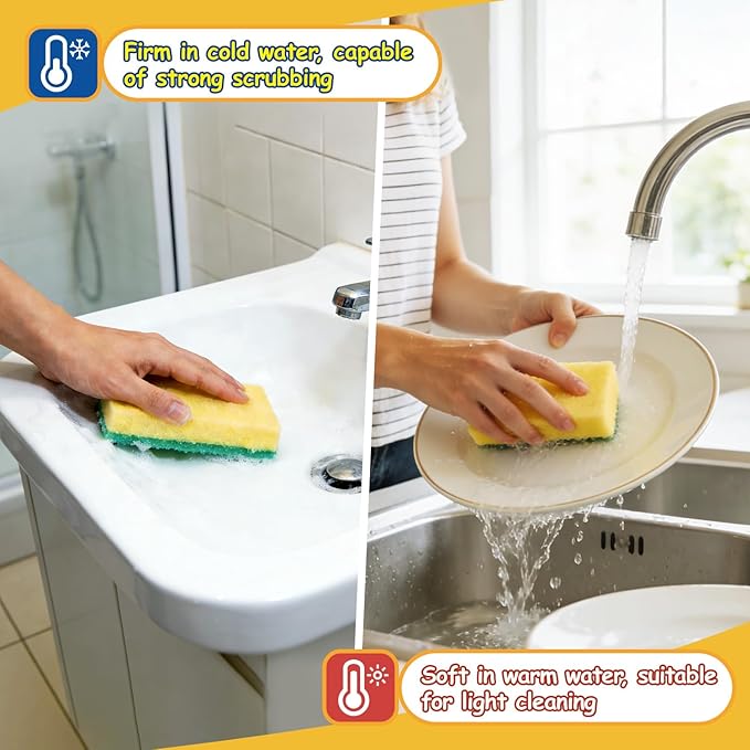 Orighty Dish Sponges, Dual-Sided Temperature-Responsive Kitchen Sponges, Non-Scratch Cleaning Sponge, Dish Scrubber, Scrub Sponge for Kitchen, Bathroom & Household, 12 Pack