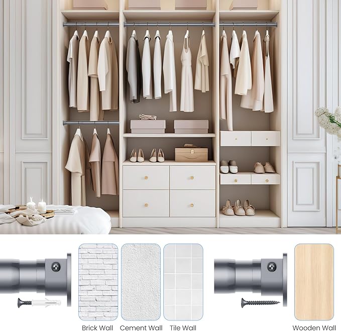 Closet Rods for Hanging Clothes, 17 to 69 Inches No-Cut Stepless Adjustable Closet Rod, 1.3 Inches Expandable Metal Heavy Duty Closet Hanging Rod for Closet Wardrobe Bathroom Laundry RV, Silver