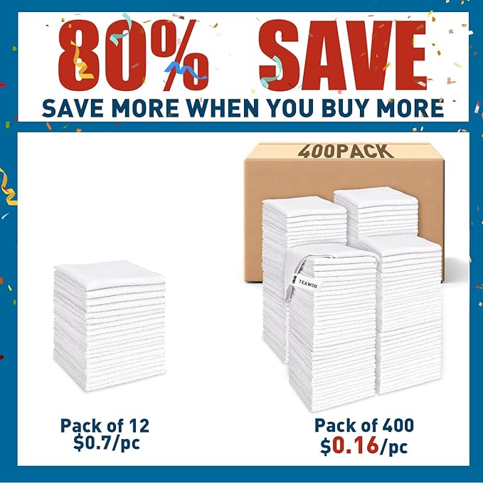 White Microfiber Cleaning Cloths Bulk-400 Pack, Microfiber Towels Bulk, Towels for Cars, Cleaning Rags White (12x12 inches)