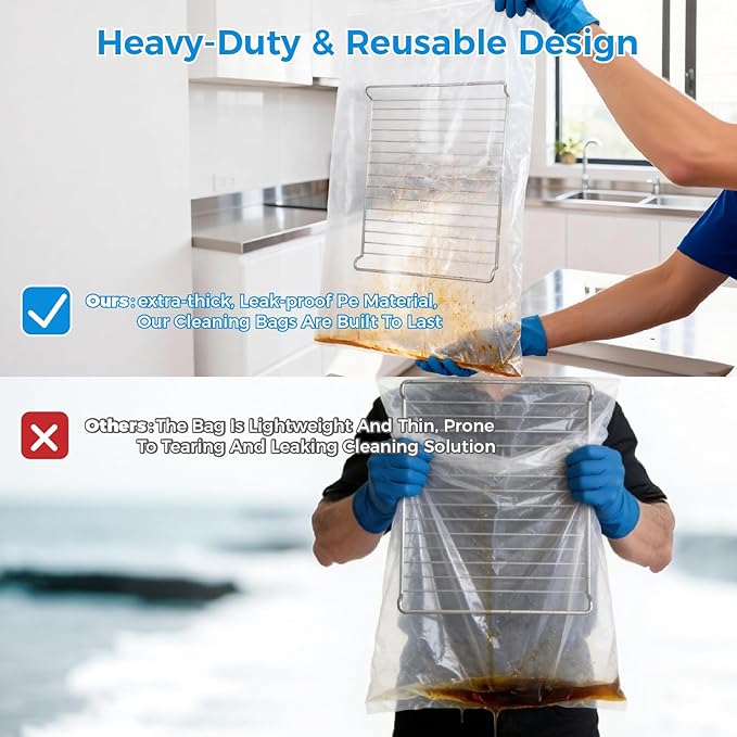 4 Pack Oven Grill Cleaning Bags（15.7''X23.7'', Heavy Duty Oven Rack Cleaner Bags - No Messy Hands Reusable Soak-off Cleaning Kit for Grate & Grill Rack,No Cleaner Included