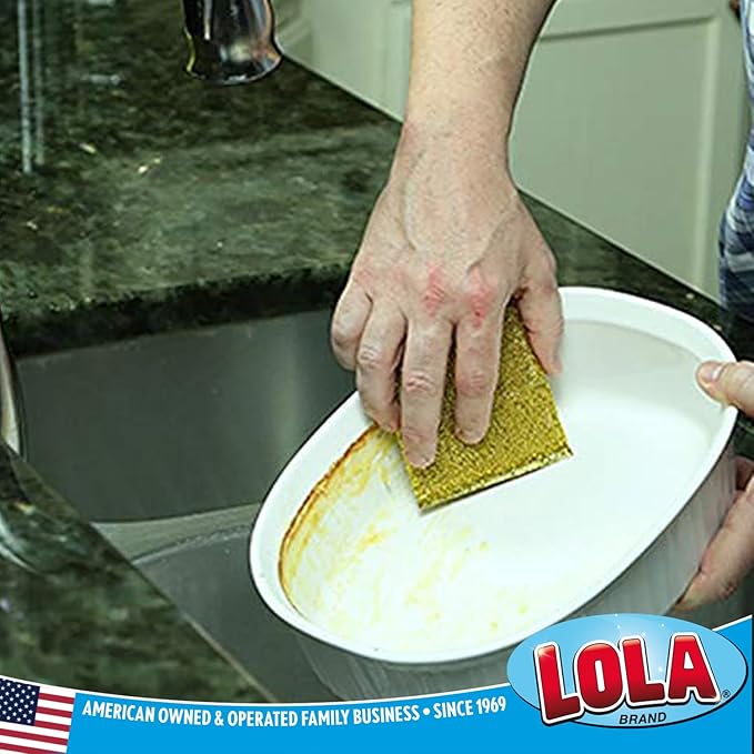 LOLA Wonder Non-Scratch Scouring Pad, 4 Pack, Large Knitted Flat Wire Cloth Fibers w/Foam Sponge Core, Assorted Colors (Gold or Silver)