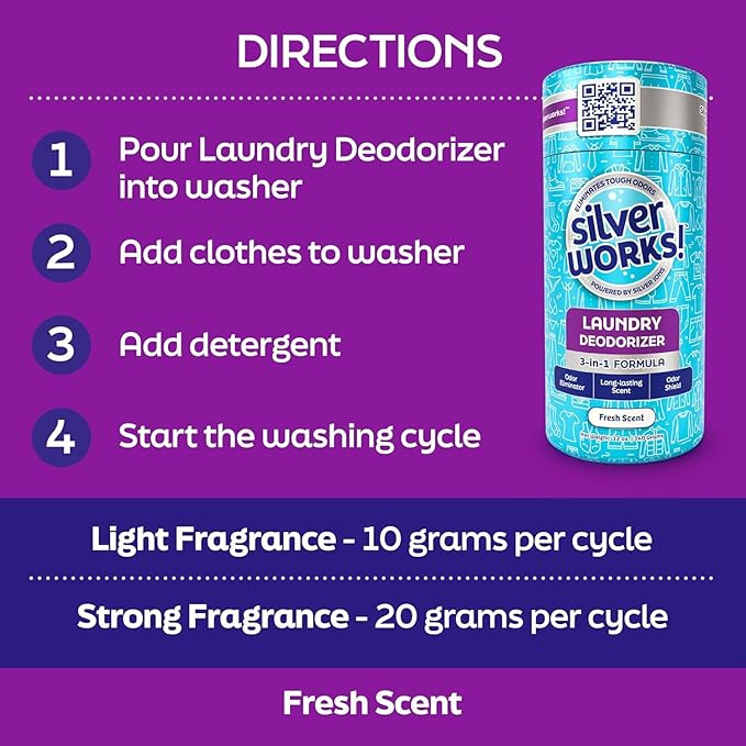 SilverWorks! Laundry Deodorizer, In-Wash Scent Booster, 3-in-1 Odor Eliminator, Long Lasting Scent, Protects Against Odors, Laundry Odor Remover, Scent Booster & Laundry Freshener, Fresh Scent, 12 oz