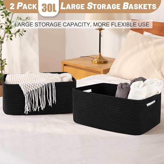 Large Storage Basket for Organizing, Woven Rope Basket for Shelves, Closet Organizer Bins for Clothes, Blanket, Toys, Baby Nursery Storage, 17.7" x 13" x 7.87", 2 Packs Black