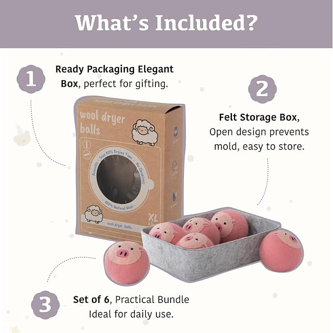 Wool Dryer Balls XL 6-Pack with Felt Box - 100% Pure Wool, Eco-Friendly Fabric Softener, Reduces Wrinkles & Drying Time, Anti-Static, Hypoallergenic, Reusable for 1000+ Loads (Pink Pig)