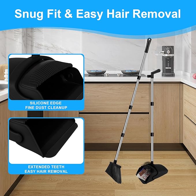 Broom with Dustpan Combo Set and Silicone Air Broom Kit, 51" Long Handle Floor Squeegee, Black Household Kit for Glass Window Rugs Pet Hair Home