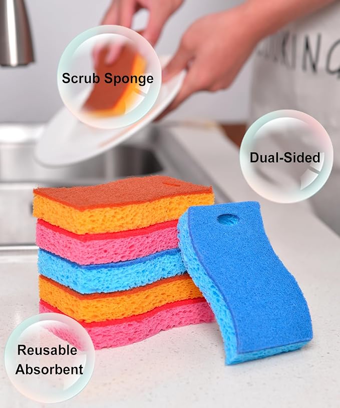 METUUTER 12-Count Scrub Sponges Kitchen Sponge Heavy Duty, Cellulose Sponges with Scouring Pads Dual-Sided for Kitchen and Household Use (S-Multi)
