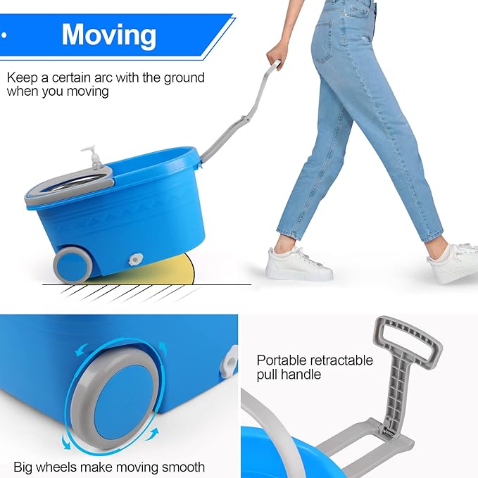 Spin Mop & Bucket, 360 Spinning Mop Bucket Kit, Stainless Steel Bucket Wringer Set, Plus 3 Replacement Head Refills, 360 Spinning Mopping System, 61" Extended Handle for Floor Cleaning (Blue)