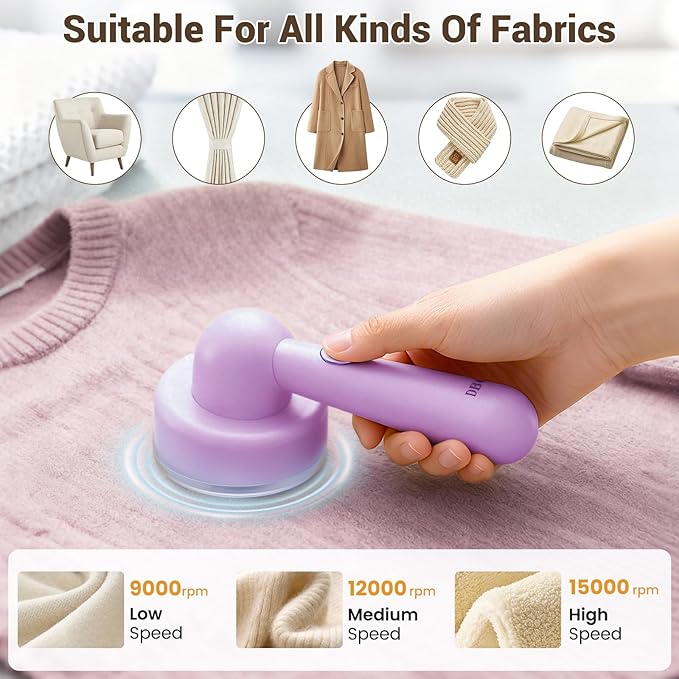 DBC Fabric Shaver & Lint Remover for Clothes, Sweaters & Furniture - 6-Leaf Blade, 3 Speeds, 2H Runtime, Portable Design Perfect for Travel, Includes 2 Extra Blades - Purple
