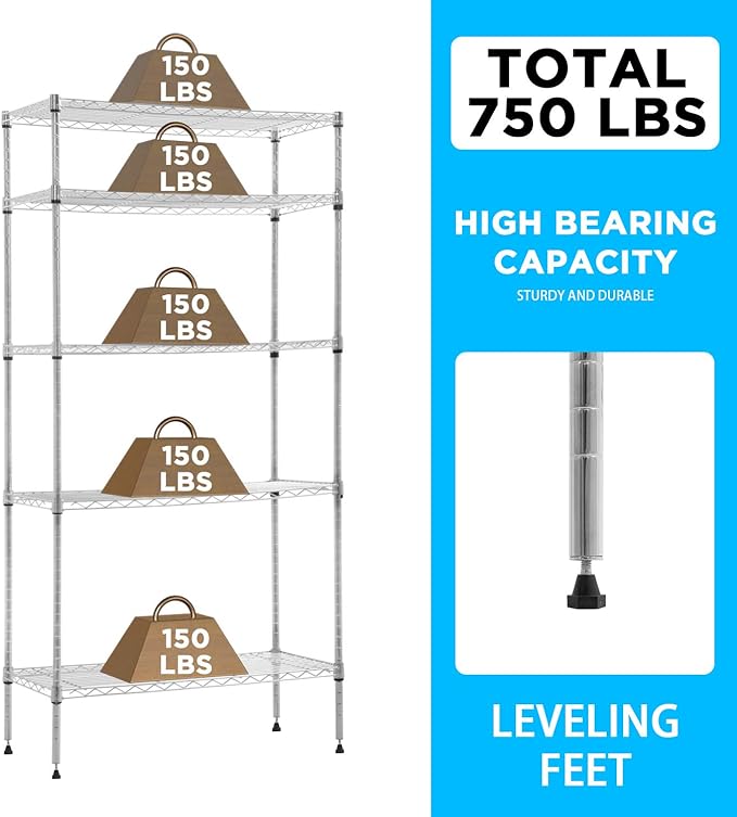 30" L×14" W×60" H Wire Shelving Unit Commercial Metal Shelf with 5 Tier Casters Adjustable Layer Rack Strong Steel for Restaurant Garage Pantry Kitchen Garage，Chrome