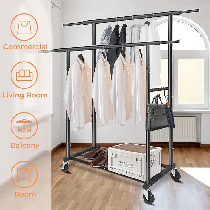 Fishat Stand Portable Black Double Rods Garment Clothes Rack with Rolling and Lockable Wheels Mobile, 48" W x 15" D x 67" H, Metal Simple Hanging Clothes with 2 Hook