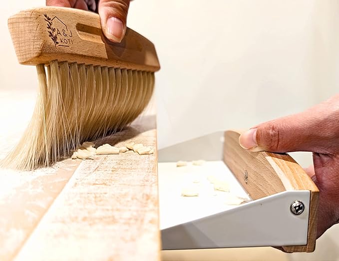 A&J Koti Table Crumb Sweeper - Small Mini Metal Dustpan and Hand Brush Combo Set - Wood Crumber for Servers, Restaurants, Home and Kitchen - Crumb Cleaning Set