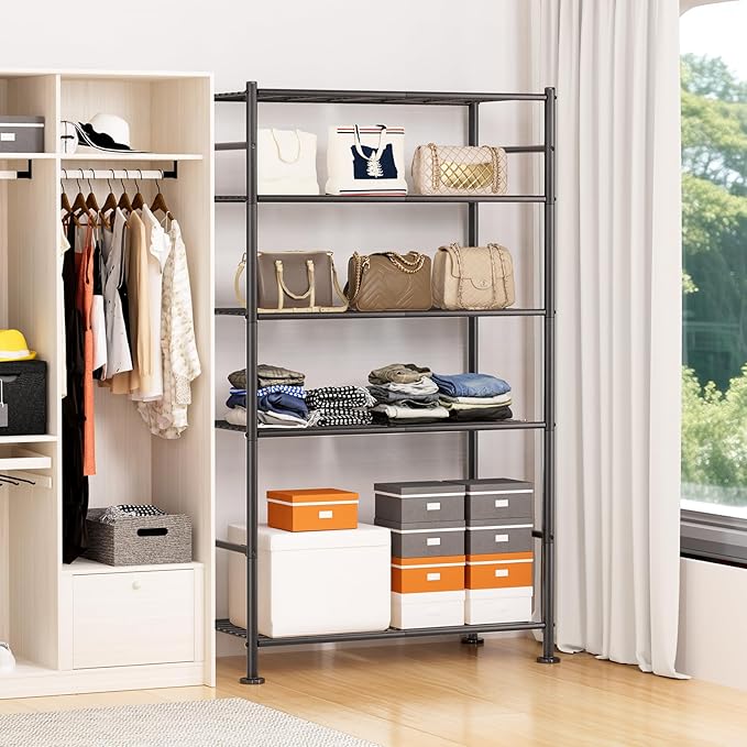 BolDuck 5 Tier Shelf Organizer Rack, Metal Shelving Unit with Adjustable Leveling Feet, Space-Saving Storage Shelves for Garage Closet Laundry Bathroom Kitchen Pantry, 33.07”Wx12.6”Dx72.04”H,Black