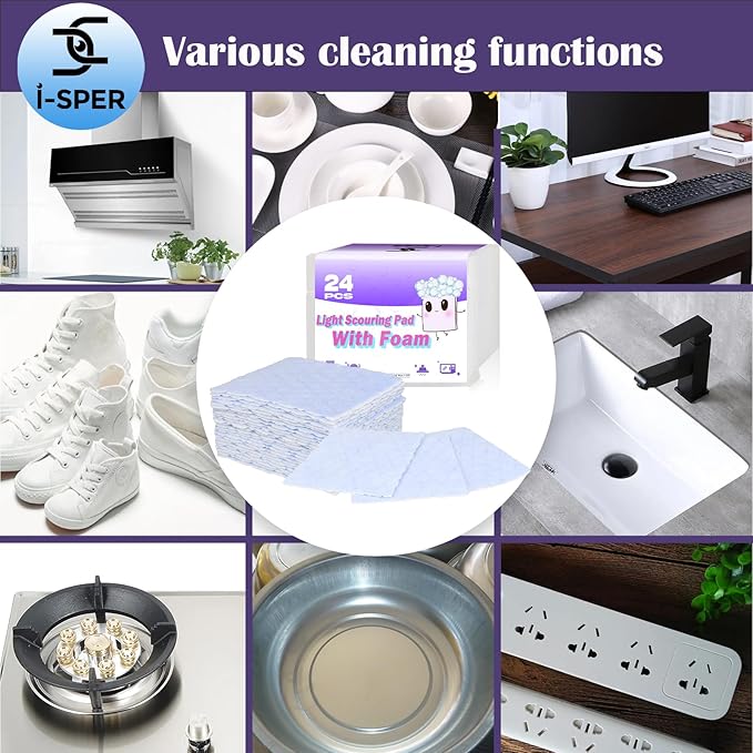 24 Pack Light Scouring Pad with Foam, Triple Cleaning Scrub Pad Singles Heavy Duty Household Non-Scratch Abrasive Hand Pad Multi Surface Magic Sponge Eraser Sheets for Home Surfaces Indoor Cleaning