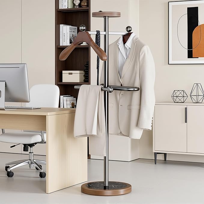 Suit Valet Stand with 2 Wooden Hangers & Storage Tray, Stainless Steel Frame, Solid Natural Marble Base, Freestanding Clothing Valet for Men, Bedroom, Office, Entryway (12.6 x 54.33 in)