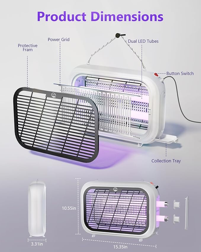 Indoor Electric Bug Zapper, Powerful Fly Zapper with Double-Layer High-Voltage Grid, All-Round Mosquito Catcher for Fly, Mosquito, Moth, Gnat, Trap, Removable Tray & 2 Replace Light Tube