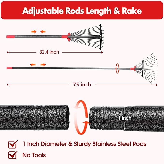 BsBsBest 75 Inch Rake for Leaves with 18 Metal Tines 10-18" Expandable Head Rakes Adjustable Handle for Lawn Leaf Rake Yard Tools for Collecting Leaves, Grass Clippings, Garbage