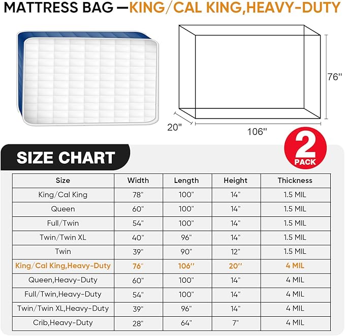 2 Pack Heavy-Duty 4 Mil King/Cal King Mattress Bag for Moving and Storage, Clear Plastic Mattress Cover, Fits Up to 20” Thick