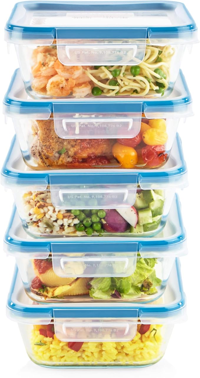 Snapware Glass Total Solutions (5-Pack, 4 Cup) Food Storage Containers Set, Airtight & Leakproof Plastic Locking BPA-Free Lids, Freezer Dishwasher Microwave Safe