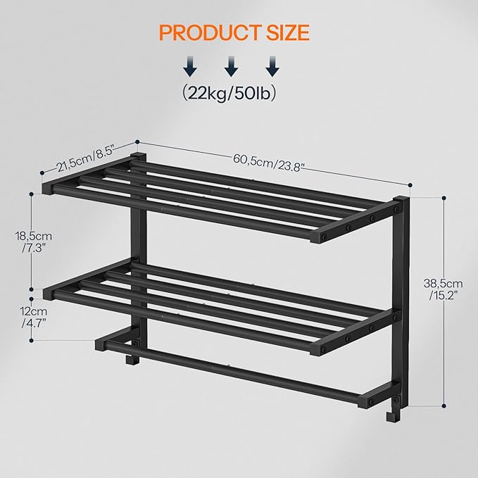 HOOBRO 23.8" Towel Rack for Bathroom, 3 Tier Towel Shelf with Tower Bars, Bathroom Storage Organizer for Towels and Toiletries, Towel Holder Wall Mounted with 2 Hooks, Black BK08LB01