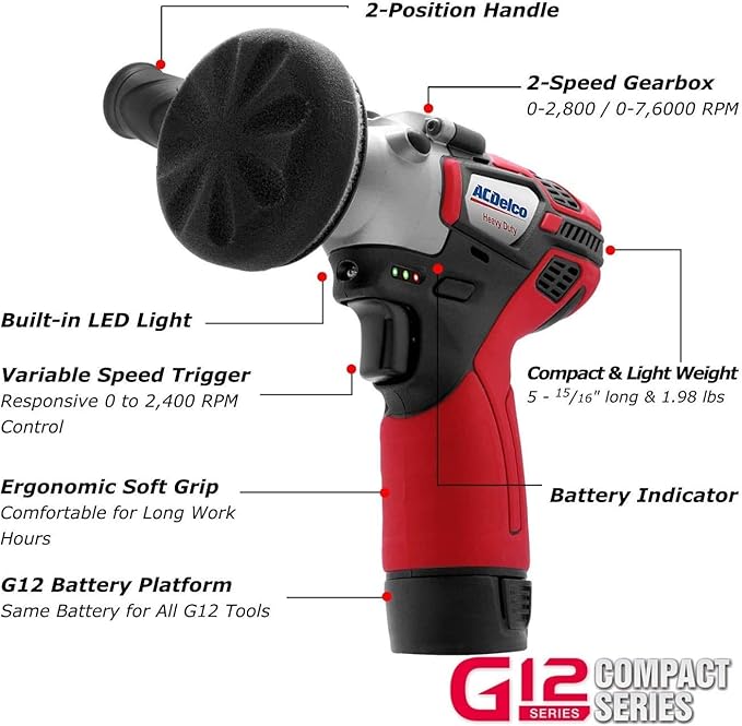 ACDelco G12 12V Cordless Combo Kit – Mini Polisher, 3/8" Impact Wrench (90 ft-lbs), Ratchet Wrench (55 ft-lbs) with 2 Li-Ion Batteries & Fast Charger, Auto Repair & DIY Tools