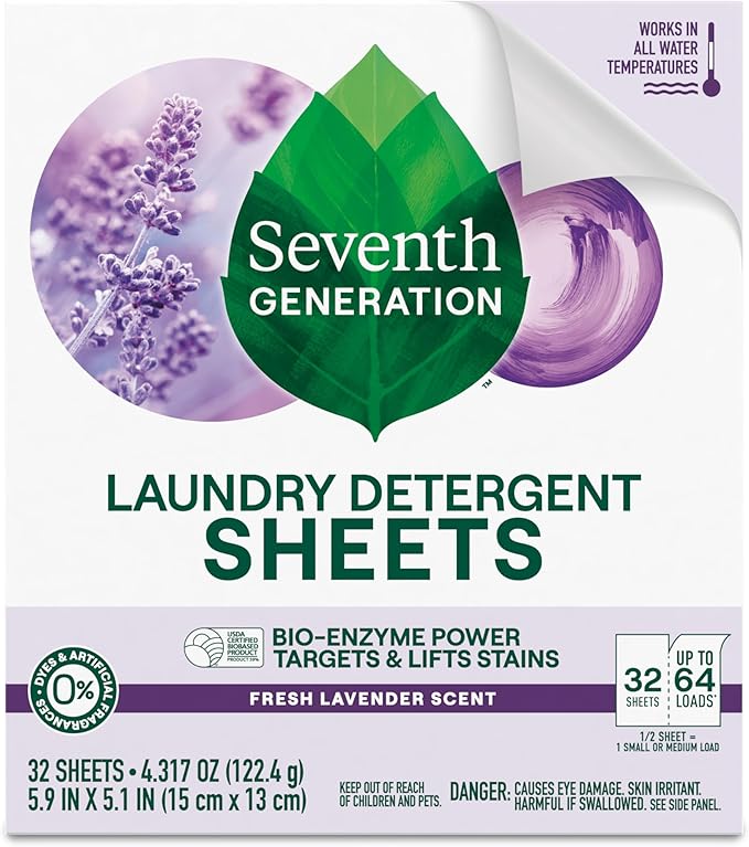Seventh Generation Laundry Detergent Sheets, Up to 64 Loads, Fresh Lavender Scent, Removes Tough Stains, 0% Dyes and Artificial Fragrances, Safer for your family, (Pack of 2)