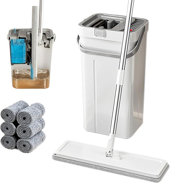 Mop and Bucket Set, Flat Mop and Bucket System with Wringer, Automatic Separates Dirty and Clean Water Include 6 Reusable Microfiber Mops for Floor Cleaning