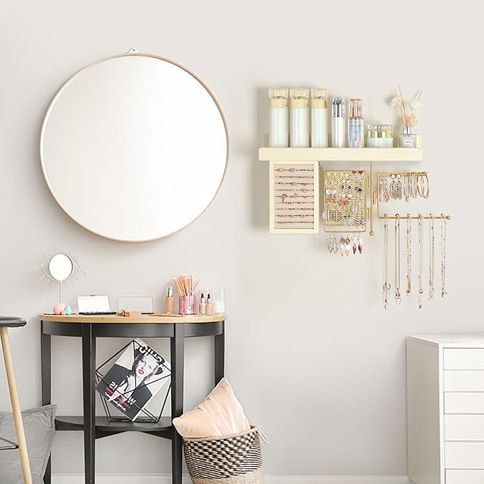 SOLIMINTR Hanging Jewelry Organizer Wall Mount with Rustic Wood Shelf, Ring Display Box, Ear Studs Earring Holder, Rotating Necklace Holder Organizer Gold