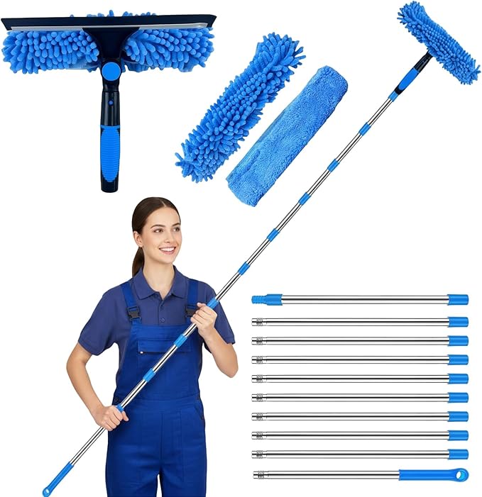 Window Squeegee Cleaning Tool, 2 in 1 Telescopic Window Cleaner Rotatable Window Washing Equipment for High Window, Interior Roof, Car Glass, Home