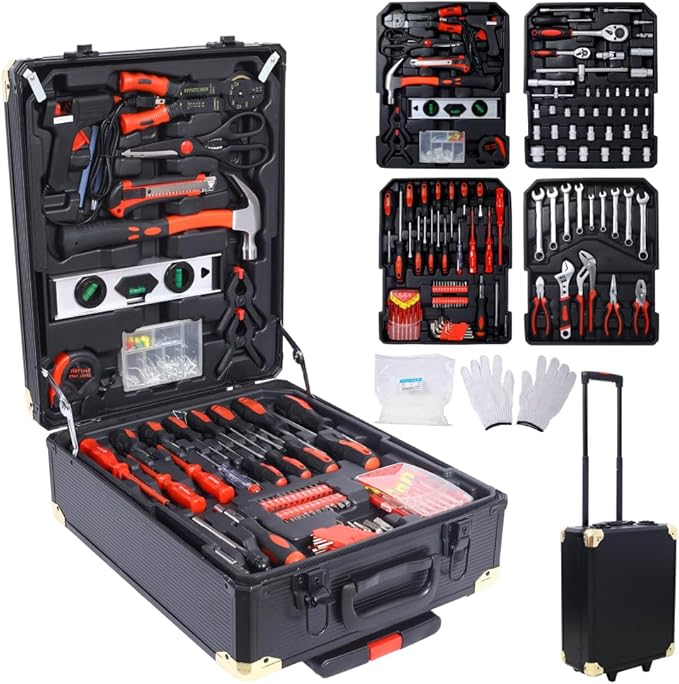 Home Repair Tool Set Kit, Luxebough Mechanics Tool Set with Rolling Tool Box, 4 Drawer Toolbox Storage Case, General Household Tool Kit for Maintenance, Garden, Homeowner, Handyman (900 PCS)