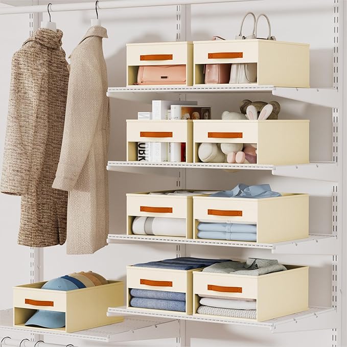 Homsorout Drawer Organizers and Storage - 8 Pack Foldable Pants Organizer with Clear Window & Handles, Fabric Closet Organizer for Clothes, Jeans, Sweaters, Towels, T-shirt, Scarf (Beige)