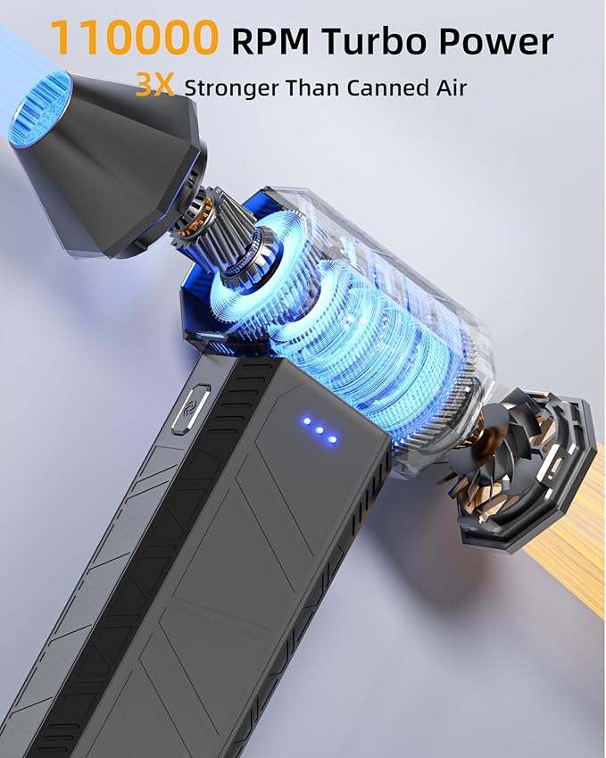 Rechargeable Air Duster - Electric Cordless Blower for PC & Keyboard Cleaner, 110K RPM Handheld Compressed Air Can Replacer for Electronics, Car (Portable & Lightweight)