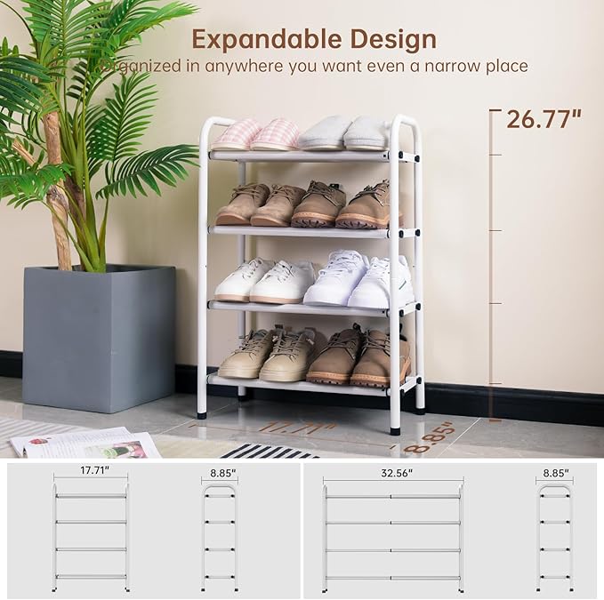 Gonfoam 4-Tier Expandable Shoe Rack,Adjustable Shoe Shelf Storage Organizer Heavy Duty Metal Free Standing Shoe Rack for Entryway Closet Doorway (White)