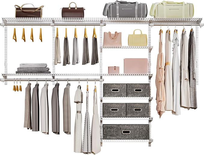 Wire Closet Organizer System, Wall Mounted 8.7 Ft. Custom Closet Kit for Bedrooms Laundry Mudroom Garage Basement, Adjustable Storage Shelves for Clothes Shoes Handbags