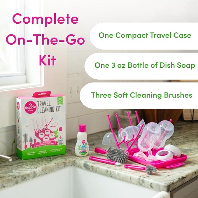 Dapple Travel Cleaning Kit with Bottle & Dish Soap, Drying Rack, Silicone Brush